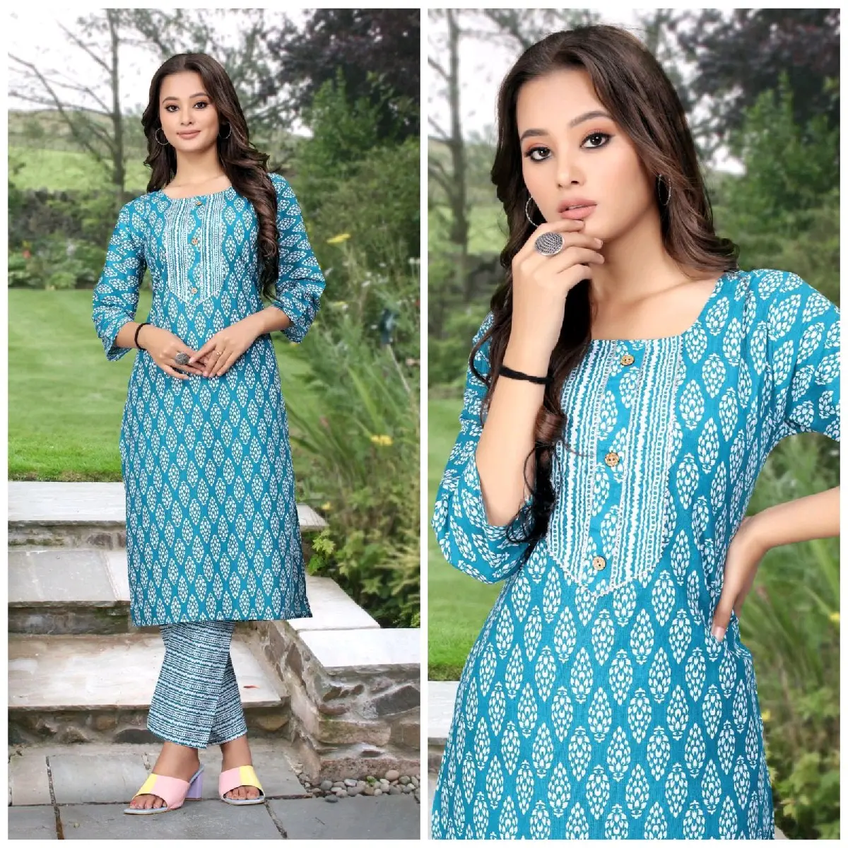 Women's Print Blue Teal Kameez and Trousers Suit Set - 2 Piece - traditional wear, Womenswear, asian suit, casual wear,Floral, Pakistani, indian