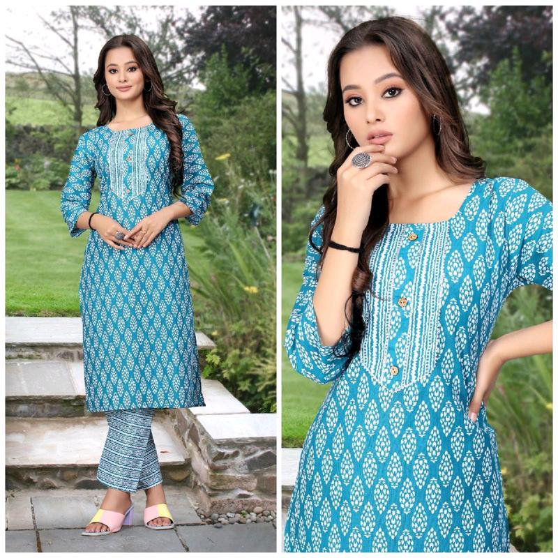 Women's Print Blue Teal Kameez and Trousers Suit Set - 2 Piece - traditional wear, Womenswear, asian suit, casual wear,Floral, Pakistani, indian 0