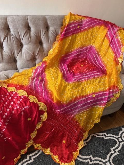 Multicoloured BANO print dupatta chunni scarf fancy. Available in 3 designs. Crushed Silk touch material. Approx L235cmxW90cm 5
