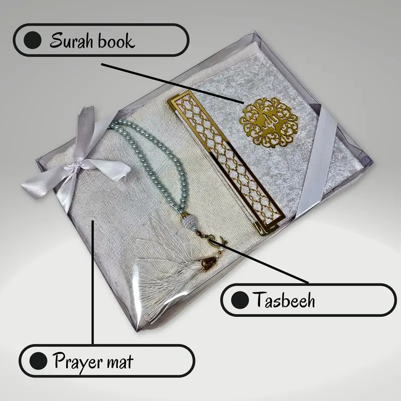 Yaqeen Islamic Gift Set (Surah Booklet, Prayer Beads Tasbeeh + Prayer Rug) Namaz Oriental Muslim Carpet Janamaz Sajadah, Hajj Umrah Ramadan Eid Wedding Niqah Gift Muslimah Velvet Cover Quran Muslim gift 2