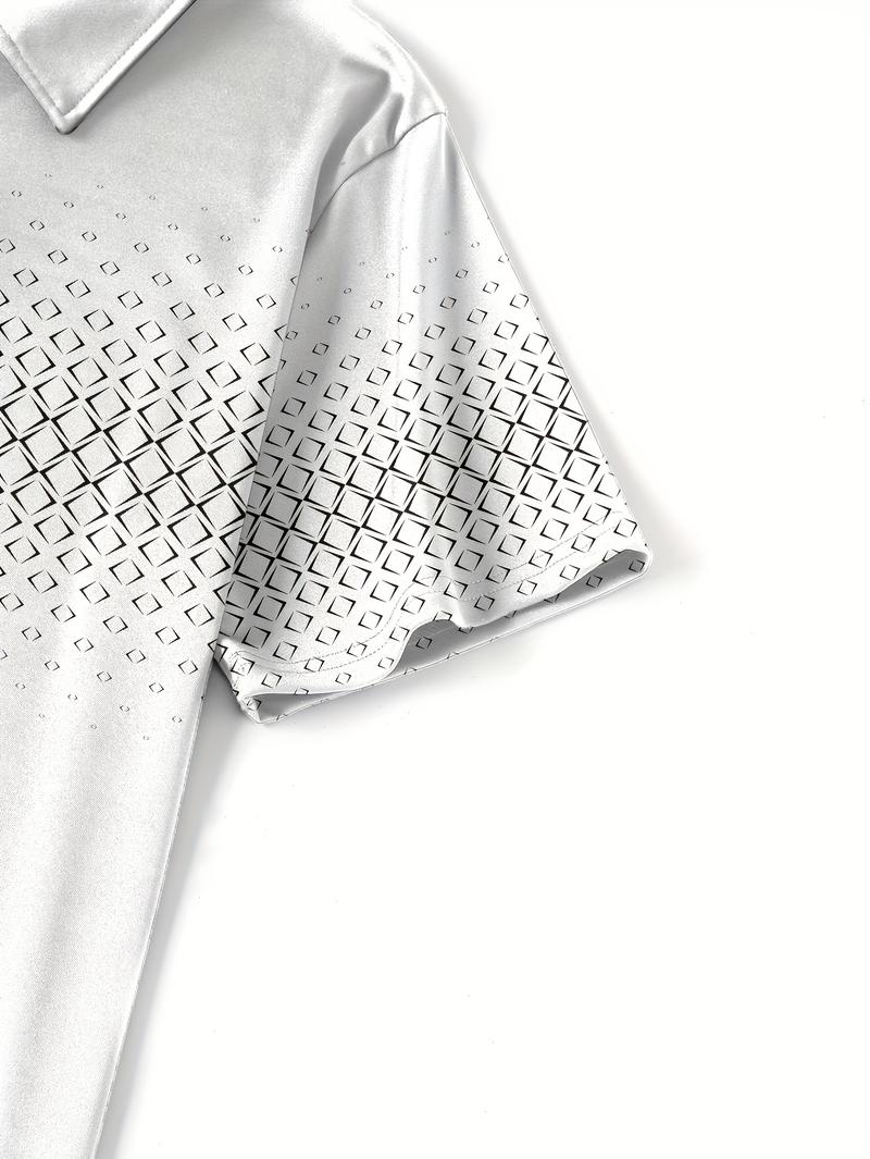 Product Introduction of Men'S Casual Short Sleeve Lapel Collar Shirt with Diamond Print, 100% Polyester Knit Fabric, Slight Stretch, Regular Fit, Spring/Fall Lapel Collar with Button Detail 2