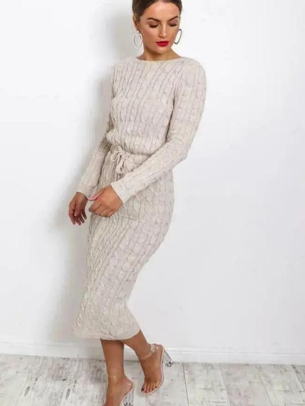 Ladies Women long Midi Cable Knitted Pocket Tie up Party Jumper Dress Casual Comfort Crewneck Soft Womenswear Chic Comfortable Cute Piece Sleeve Style Summer 8