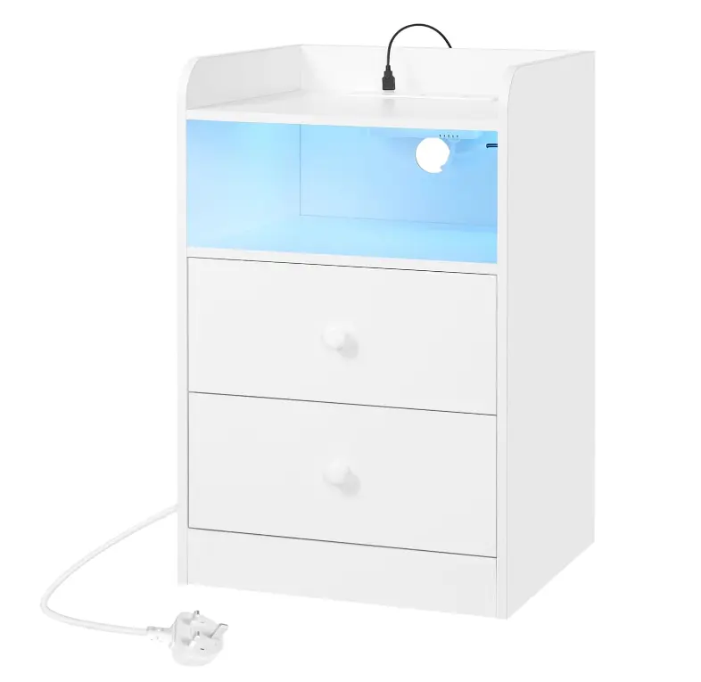 WOLTU Bedside Table with Charging Station & LED Lights, 2 Sockets & 2 USB Ports, Bedside Cabinet with 2 Drawers and 1 Open Compartment, Chest of Drawers Nightstand for Bedroom, White, NTS07ws alex  drawers