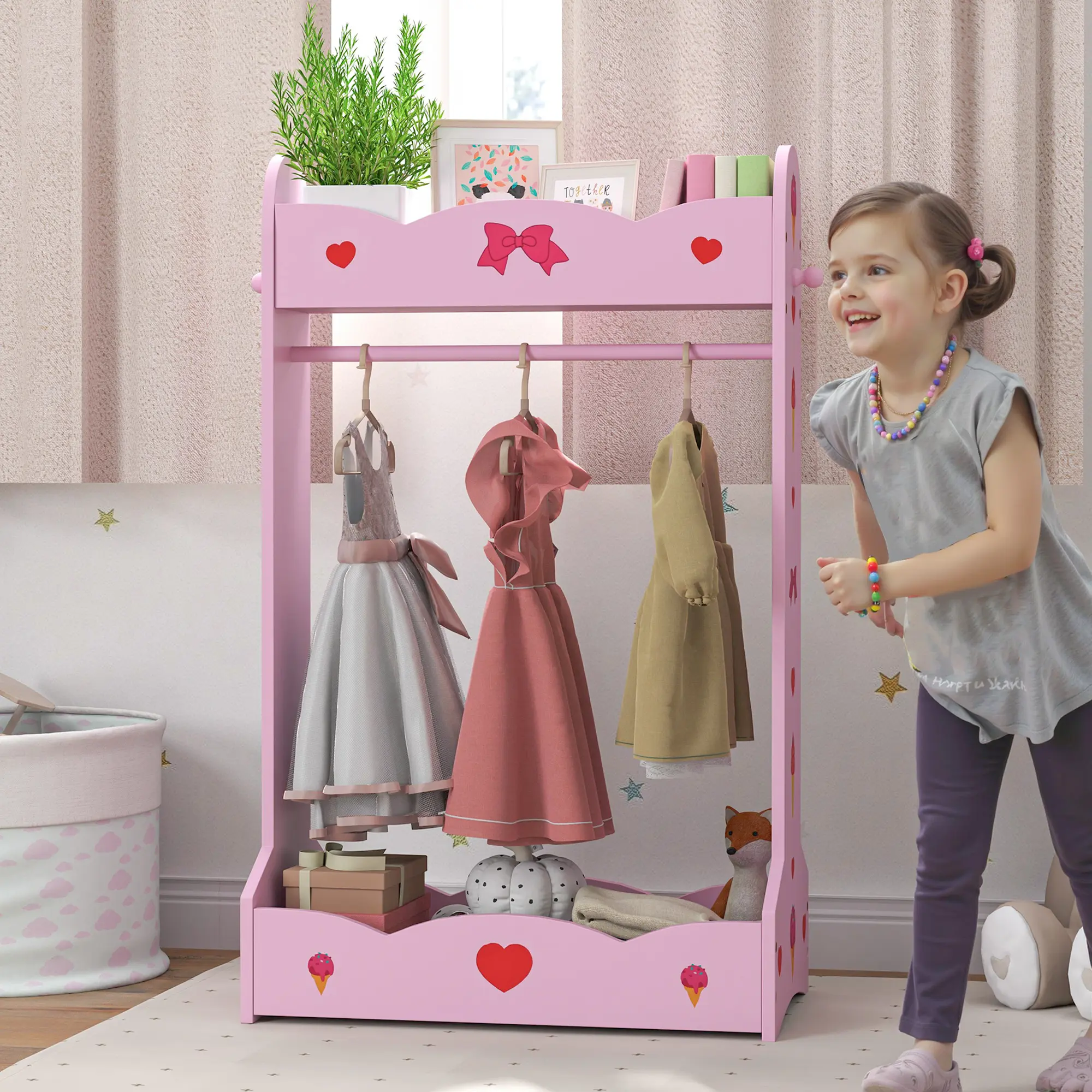 AIYAPLAY Kids Clothes Rail, Dress Up Rail with Top and Bottom Storage Shelves, for Bedroom, Kids Room, Nursery, 70 x 37 x 103cm, Hot Pink