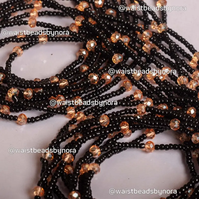 Black Waist Beads with Gold Crystals - Amina, Tie-On - 30 to 60 Inches 1