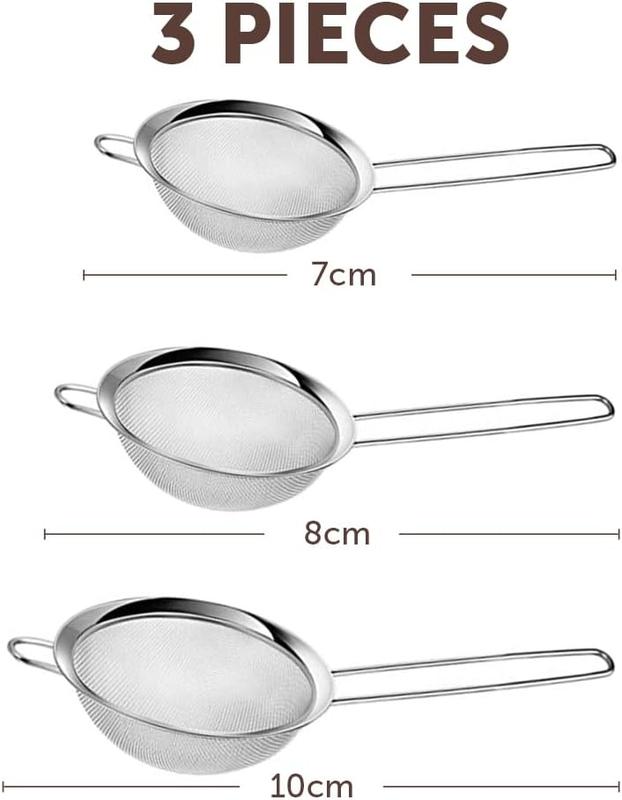 Tea Strainer Fine Mesh Sieve (7cm 8cm 10cm) Size Stainless Steel with Non Slip Handle Kitchen Craft Strainers for Loose Tea Cocktail Juice Flour Spices and Baking Silver Color (Pack of 3) 1