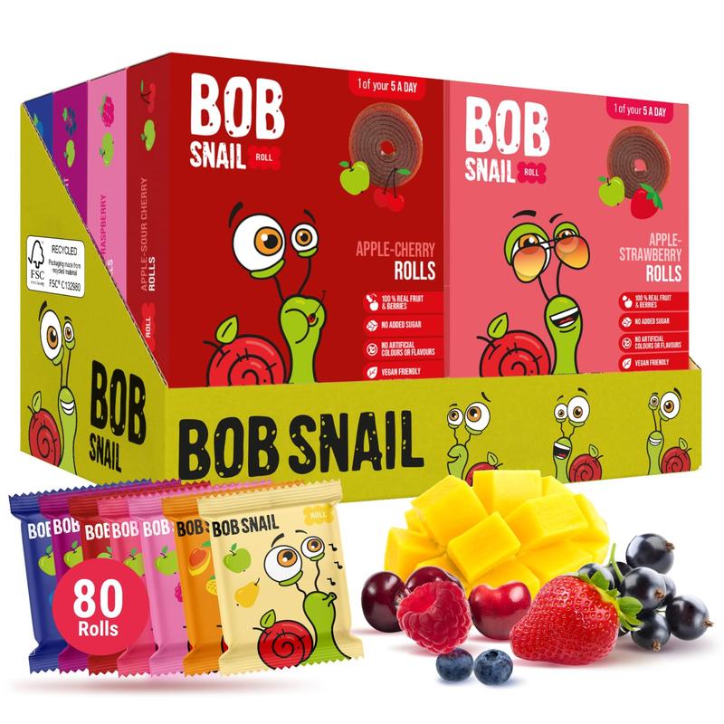 Bob Snail 80pcs, 800g - Fruit Rolls Mix with Mango, Pear, Cherry, Raspberry, Strawberry, Blueberry & Blackcurrant - No Added Sugar Snack Candy 0