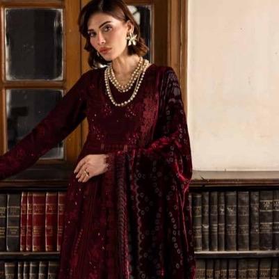 Nureh Luxury Ready to Wear | Tailored Stitched | Embroidered Leather Peach Women's Womenswear Collection with Velvet Palachi Shawl and Dyed Leather Trouser - Soft, Asian Elegance Clothing Embroidery Dress Traditional Comfortable Elegant Suit 3