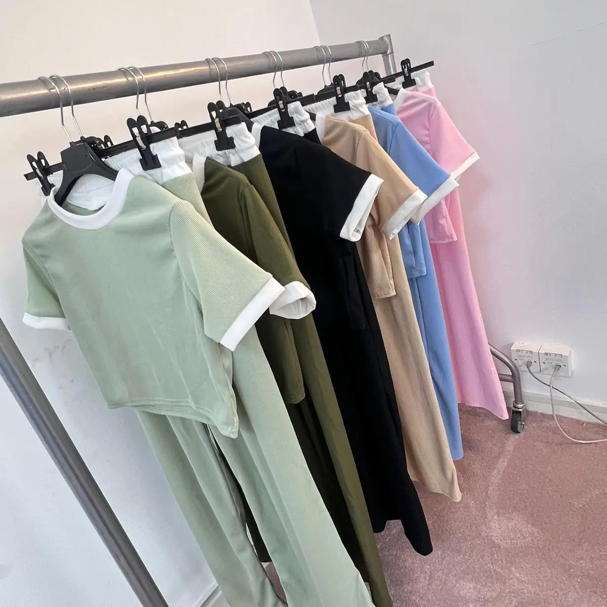 Contrast Crop Top and Trouser Set (Functional Drawstrings) Clothing  Womenswear Fashion Outfit Comfort Suits Shortsleeve