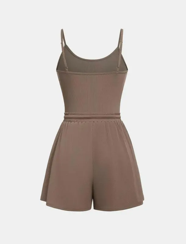 Women Abjustable Strap Cami Bodysuit & Drawstring Wide Leg Shorts Set, Casual Round Neck Sphaghetti Strap Bodysuit &Elastik Shorts Set, Back to School Womens Wear for Summer, Travel 8