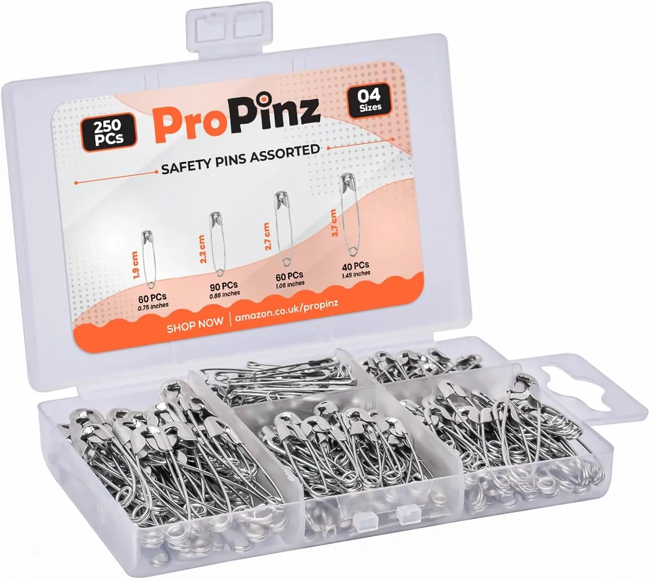 Safety Pins Assorted Sizes - Strong Nickel Plated Steel, Rust Resistant - Ideal for Art & Crafts, DIY, Pinning, Hemming, Dressmaking, Sewing and More (Silver, Pack of 250-4 Sizes)