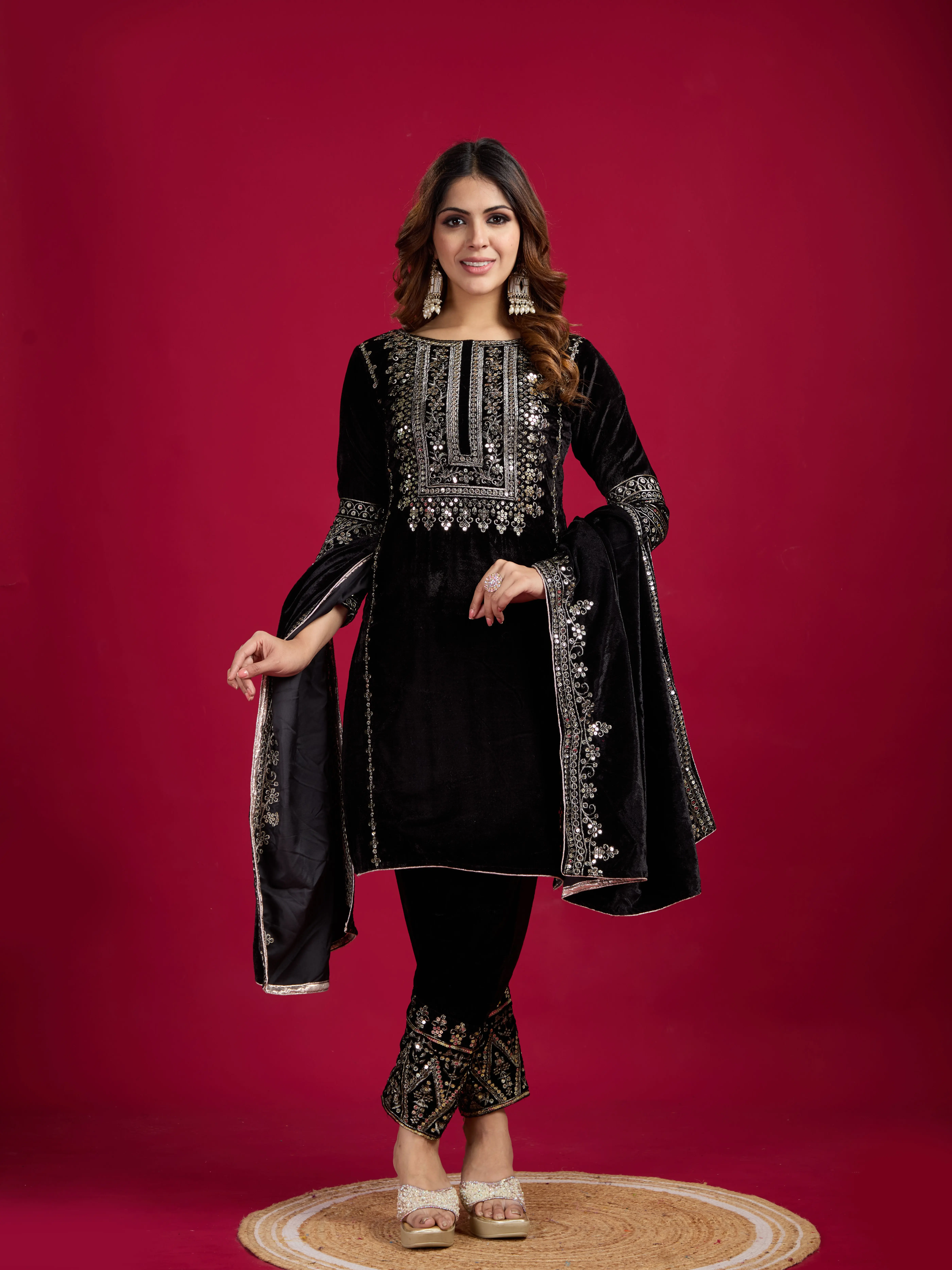 Prushti Designer Party Wear Top-Dupatta and Bottom Set with Heavy Embroidery Sequence Work - Velvet, Viscose, Fabric Casual Lace Womenswear Check Dress Elastic Elegance Comfort