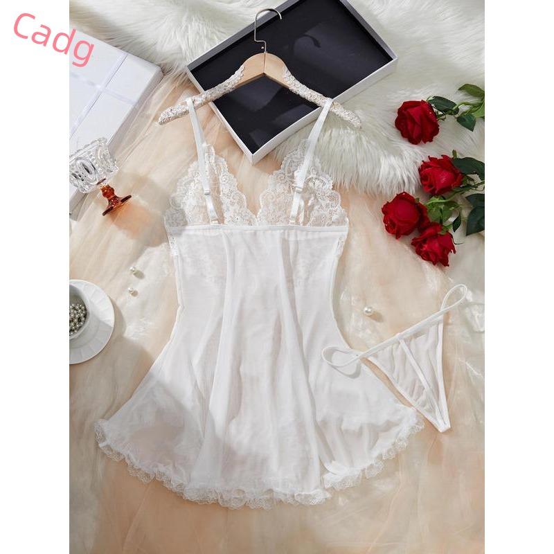 Women's Contrast Lace Bow Decor Cami Nightdress & Panty Two-Piece Set, Solid Color Deep V Neck Nightgown & Panty, Ladies Sleepwear for All Seasons Womenswear Loungewear 7