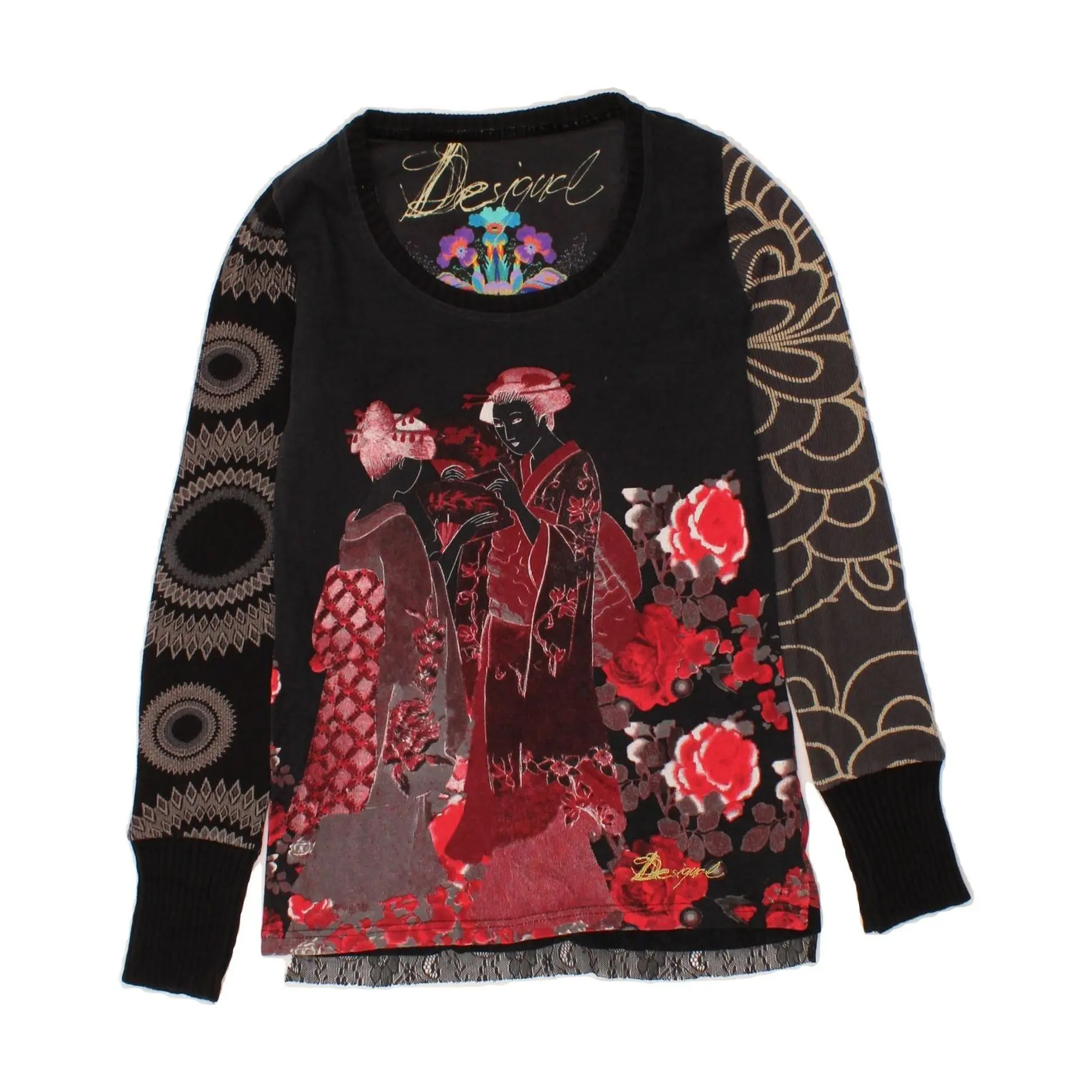 Pre-Owned Vintage DESIGUAL Womens Crew Neck Jumper Sweater UK 10 Small Black Floral Cotton