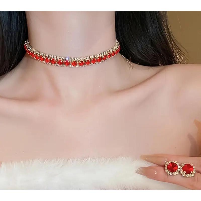 Full Round Shape Red Rhinestone Inlaid Stud Earrings & Bracelet Bling Bling Luxury Style Banquet Jewelry Set 4