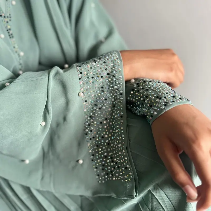 Sahar Gemstone and Pearl Pleated Abaya, Size 50-62, Modest Fashion, Women’s Islamic Clothing, Chiffon Abaya 3