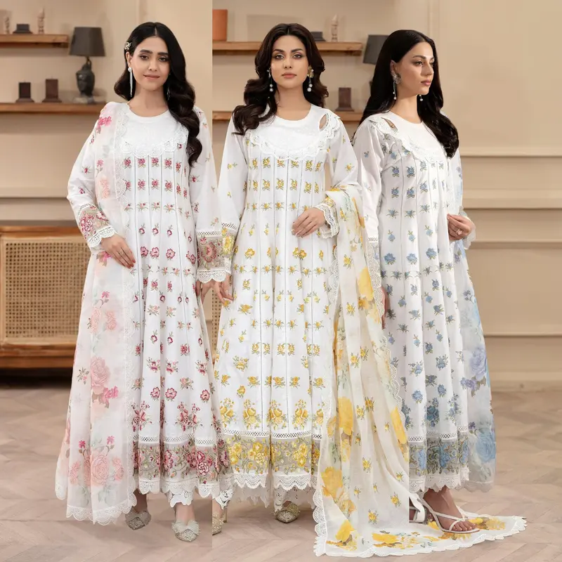 KC-1436 Embroidered Cambric Cotton long Frock Dress Ready to Wear 3 Pc - Karma Collection 0