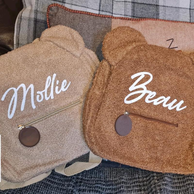 Personalised Teddy Bear Bags Plain Brown Fluffy Kids School Nursery Backpack Name, Gift, Accessory Fashion, Cute, Adjustable Straps, Various Colours, Fonts and Finishes 2