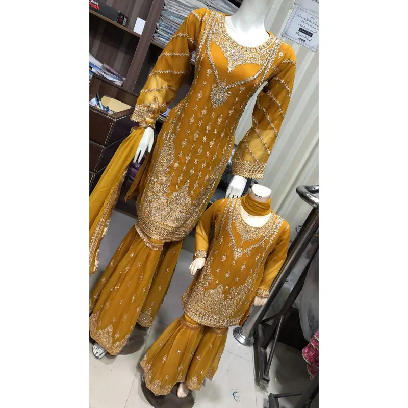 ShaZaib | Embroidered Chiffon Shararah Mother & Daughter Readymade | SZ191 (Mustard) 0