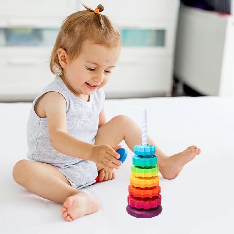 Baby Spinning Toy Rainbow Stacking, Baby Sensory Spin Gears Stacking Rings Toy, Baby Ring Stacker Toy, Montessori Plugging Toys BPA Free, Early Educational Learning Toys for 12 Months+ (6pcs) 6