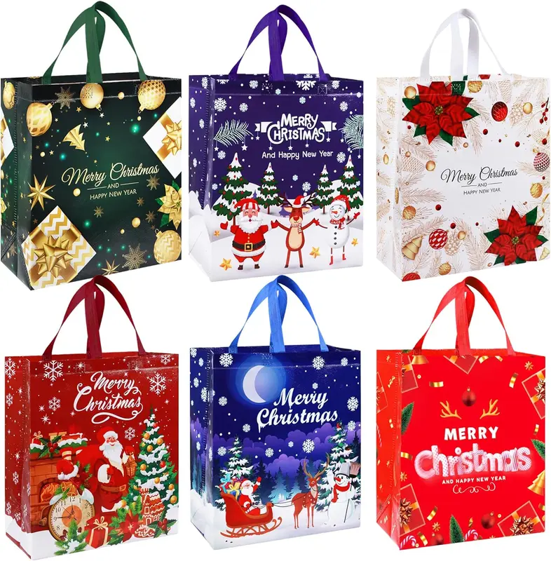 Large Christmas Tote Bags with Handle, 6 Pack Reusable Xmas Grocery Carrier Gift Bags,Waterproof Shopping Bags for Christmas Presents Party Holiday Decoration Lovely Design 0