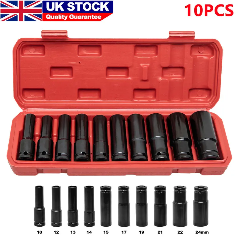 10 x Deep Impact Socket Set Heavy Duty 1/2" Drive 10-24mm Metric Tool Set UK 1