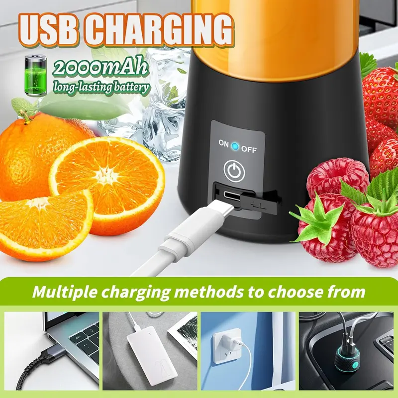 Portable Blender, Personal Mini Smoothie Blender, Juicer Blenders for Kitchen with USB Rechargeable and 6 Strong Cutting Power Blades, Ninja Blast Blender, Cordless 380ml Individual Blender for Gym, Office, Home, Travel portable blender juice 3