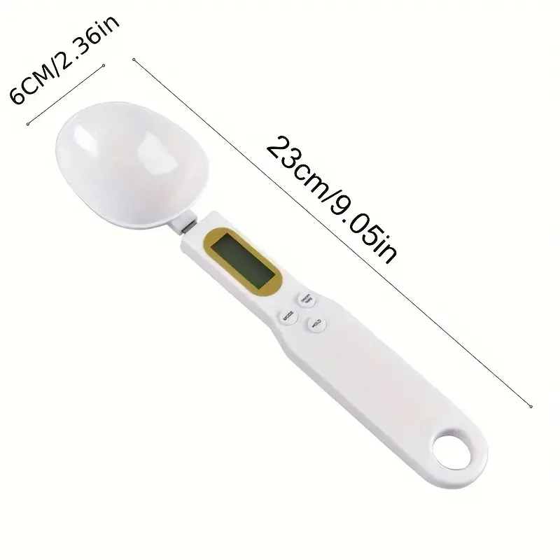 Cuchara de balanza digital de cocina AccuMeasure, plástico, pantalla LCD, precisión de 0,1 g a 500 g, alimentada por batería, ideal para cocinar, hornear y controlar las porciones. 1