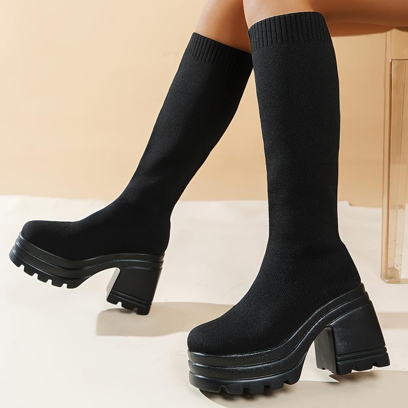 Women's Solid Color Platform Boots, Slip On Soft Sole Casual Chunky Heel Stretch Boots, Versatile High Knee Slim Boots Walking Shoes Girl 1