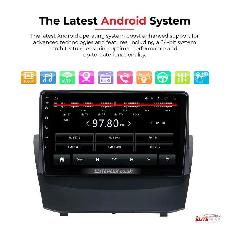 Ford Fiesta 2009-14, Android Car Stereo with Apple CarPlay, Wireless, Radio, GPS, WIFI, BT, NAVI, 9” Full HD Screen, 2GB-32GB Storage, Cooling fan 2