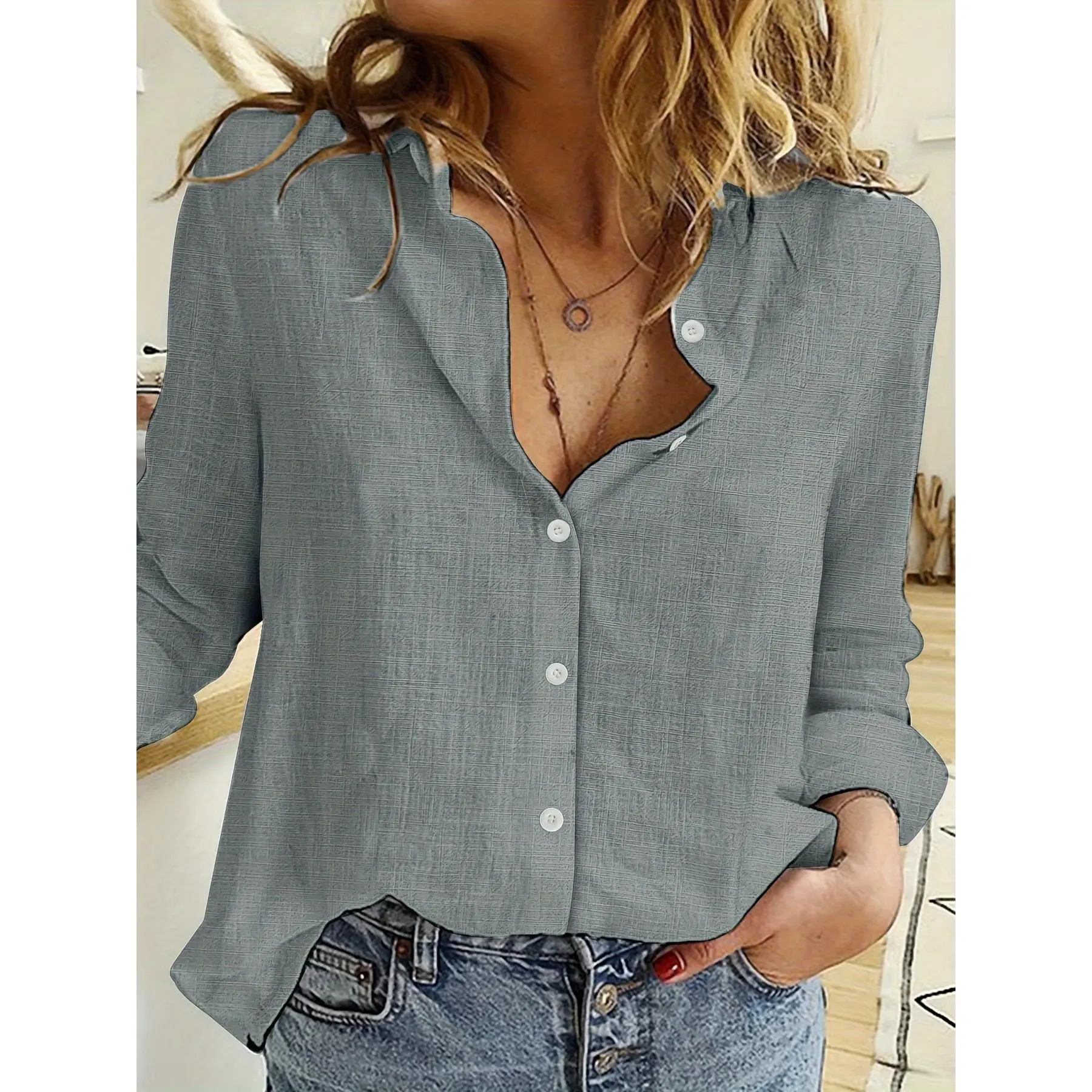 Long Sleeve Linen Shirt, Casual Button Up Shirt For Spring & Fall, Women's Clothing