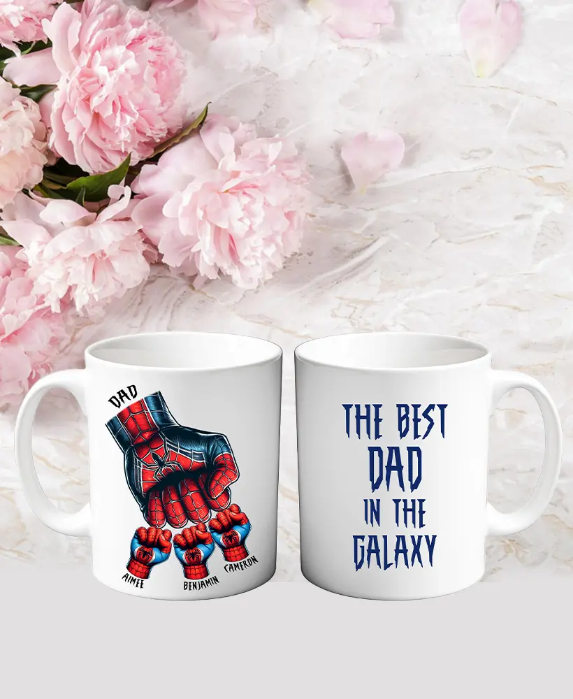 Best Dad in the Galaxy Personalised Superhero Style Mug Dad & Children Coffee Cup Tea Drinkware Spiderman Style Tumbler Ceramic Reusable Washable Christmas Gift Reuse cute drinker
