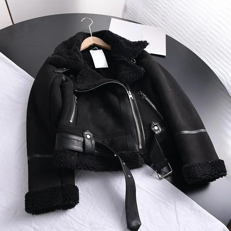 2024 Winter Women Thick Warm Suede Lamb Jacket Short Motorcycle Brown Coats Faux Shearling Sheepskin Leather Jackets Outwear