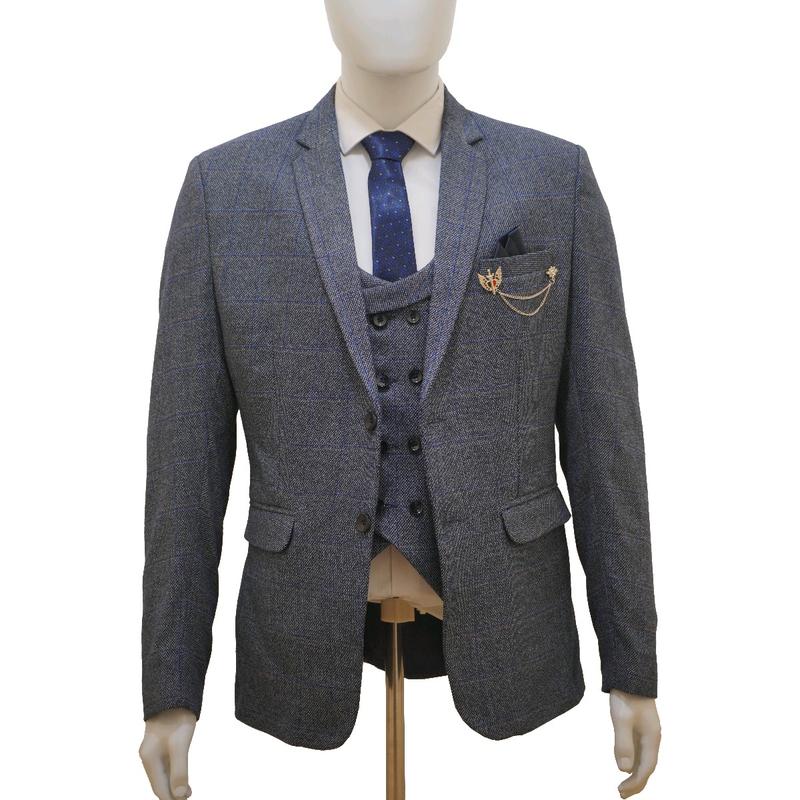 Men's Check Tweed Blue 3 Piece Suit Wool with Jacket, Waistcoat, Trousers and Tie 3