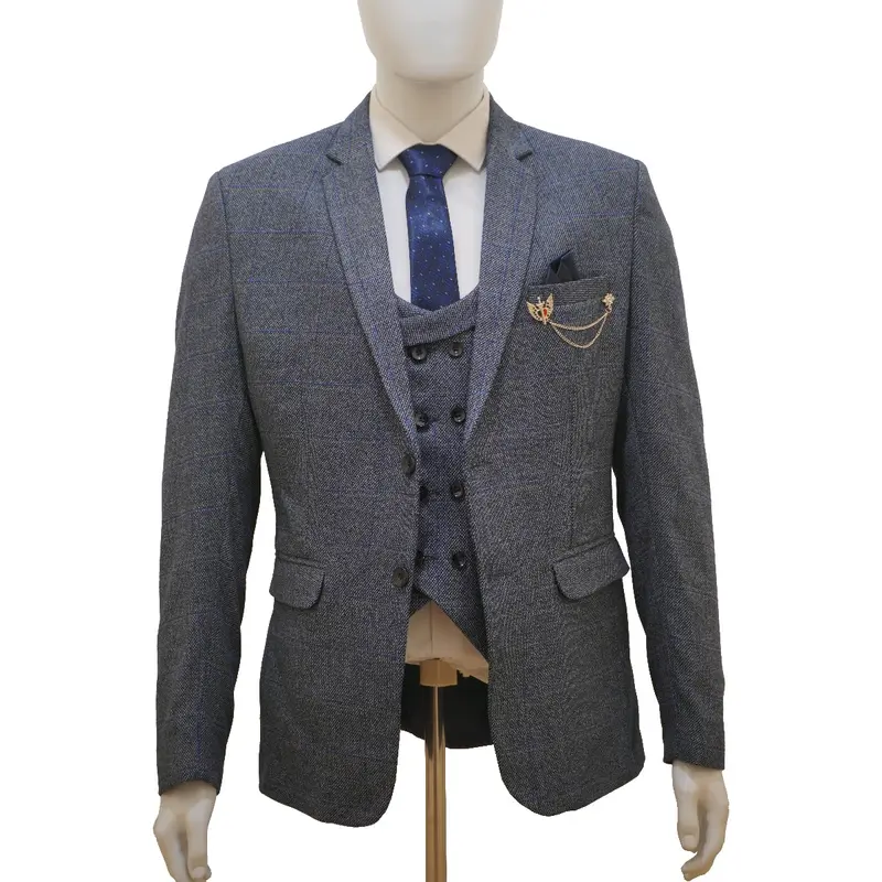Men's Check Tweed Blue 3 Piece Suit Wool with Jacket, Waistcoat, Trousers and Tie 3