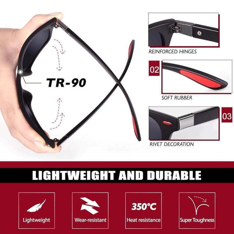 Polarised Sunglasses Mens Womens Lightweight TR90 Frame 100% UV400 Protection Black+Red or Black +Silver 2