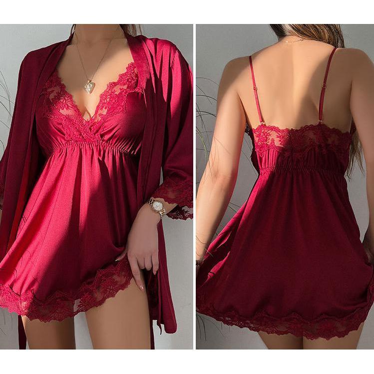 Pink Lace Robe Suit Women 2pcs Sleepwear Nightgown Loungewear Rayon Summer Kimono Bathrobe Gown Set Nightdress Homewear 4