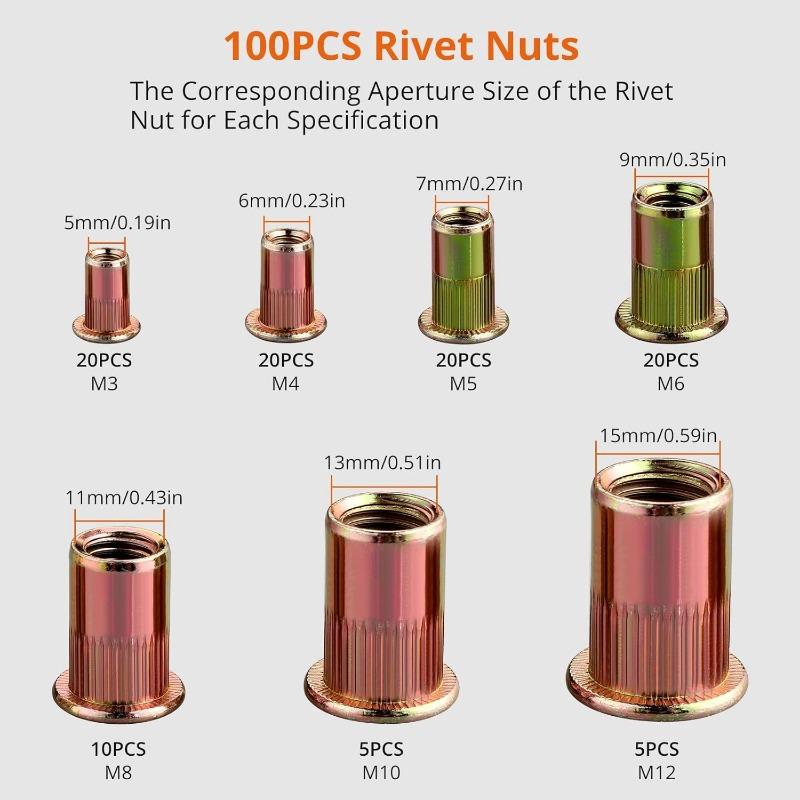 Proster Rivet Nut Tool 16'' Heavy Duty Hand Rivet Nut Gun with 7 Mandrels M3 M4 M5 M6 M8 M10 M12 Rivnut Gun 100PCS Rivnut for Home and Workshop 3