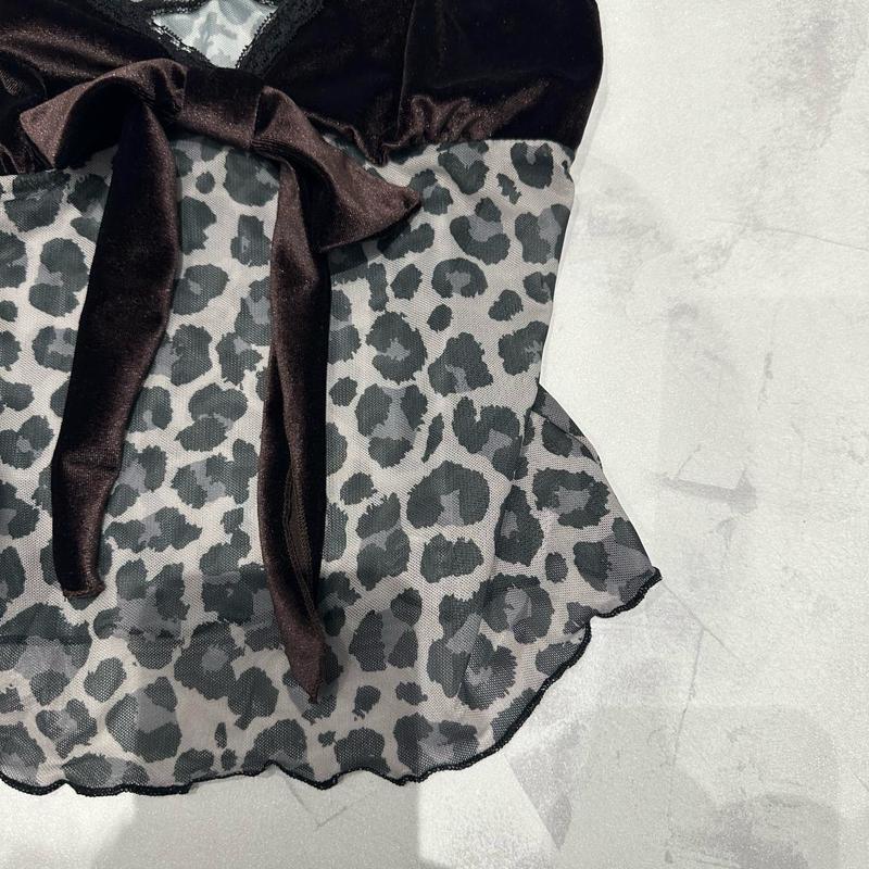 Leopard Print Mesh Cami Top with Brown Velour Bow Detail Y2K 90s Night Out Lightweight Style Statement 3