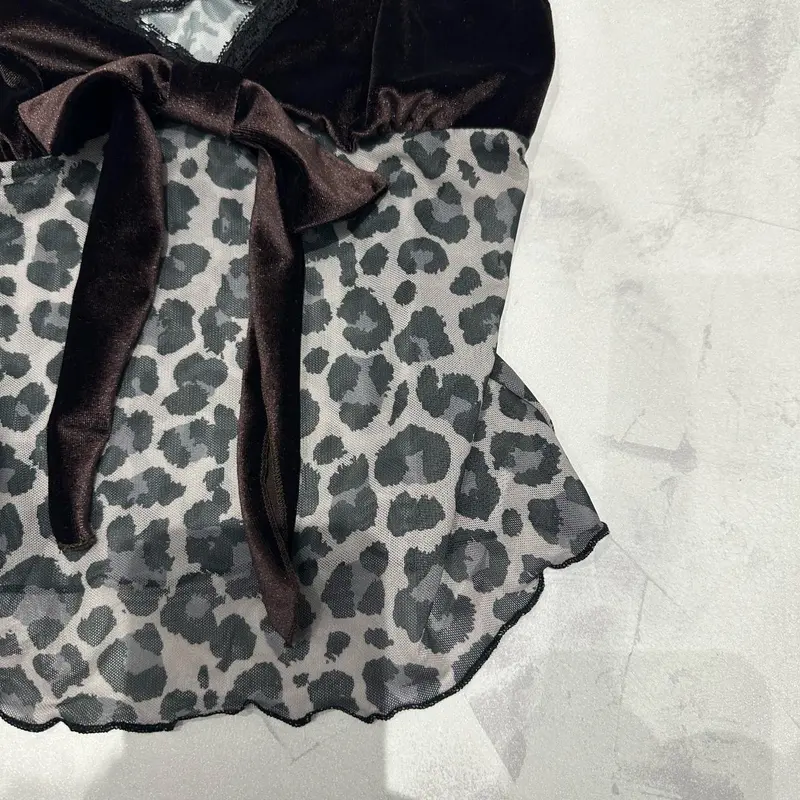 Leopard Print Mesh Cami Top with Brown Velour Bow Detail Y2K 90s Night Out Lightweight Style Statement 2