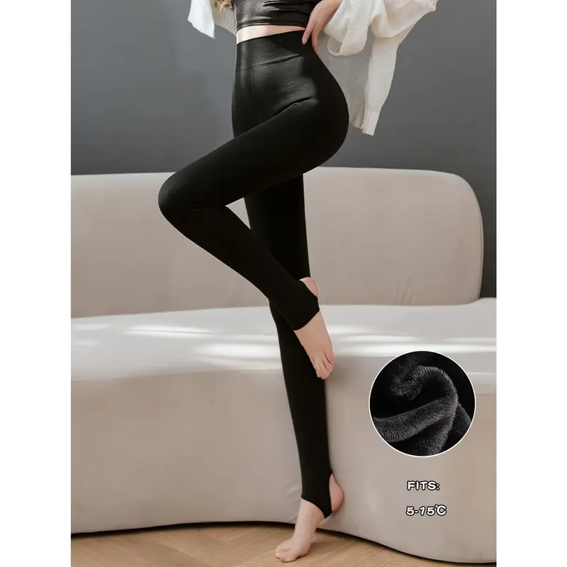 Women's High-Waisted Fleece-Lined Leggings - Black, Pressure Slimming Compression Fit, Warm & Shaping Tights for Fall/Winter, Velvet Soft Polyester Fabric, Elegant Style, Long Length, Perfect for Casual Outings, High Waisted Leggings 3