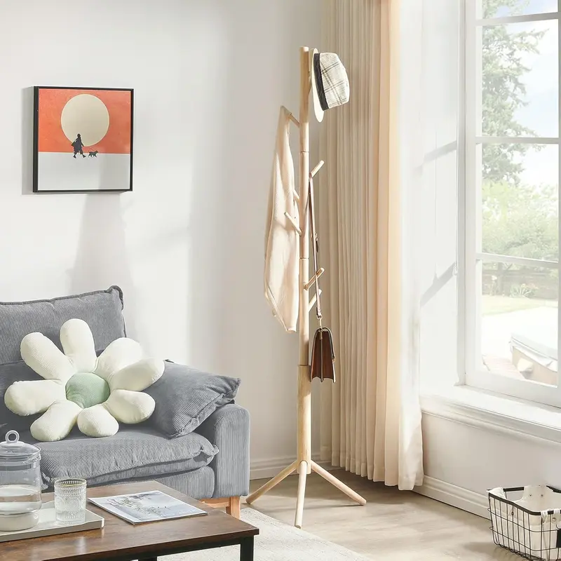 Coat Rack Freestanding, Wooden Coat Rack with 8 Hooks, Adjustable Hall Tree for Entryway, Living Room, Hallway, Bedroom, Coat Hanger for Hat, Handbag, Clothes, Purse, Umbrella, Natural, HCR001N 2