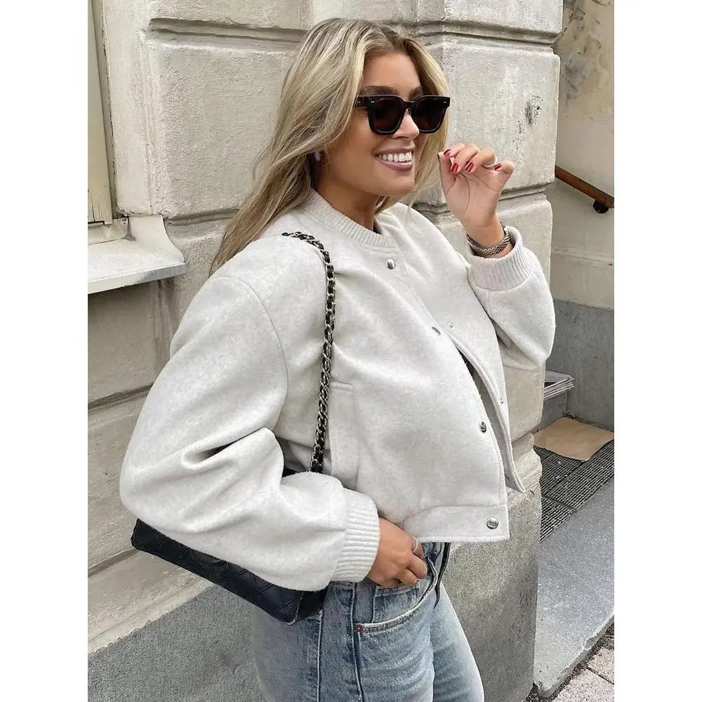 Women Cropped Bomber Jacket Female Autumn Casual Button Down Coat with Pockets Women's Fashion Long Sleeve Outerwear
