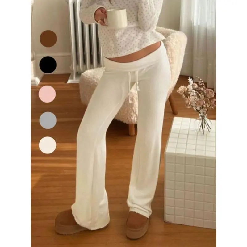 Women's Solid Drawstring Foldover Waist Straight Leg Pants, Pants for Women, Fashion Casual Drop Waist Trousers, Trousers for Women, Women's Bottoms, Back To School Clothes,  Winter Outfits
