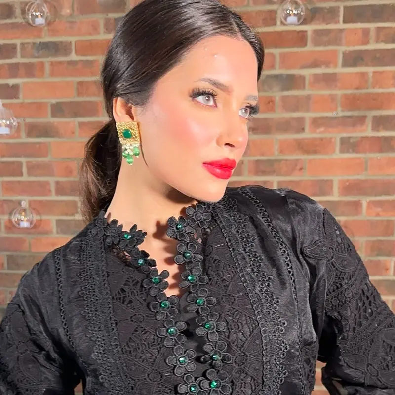 BLACK FRIDAY SPECIAL - BLACK ORGANZA HEAVY CROCHET AND LACE DETAILED 4PC WITH GREEN CRYSTAL DETAILING, FORMAL WOMENSWEAR LONG HEAVY DUPATTA, CAPRI TROUSERS WITH LONG ORGANZA KAMEEZ and a FULL SLEEVES LINING Traditional Outfit Comfortable Womenswear Dress 3