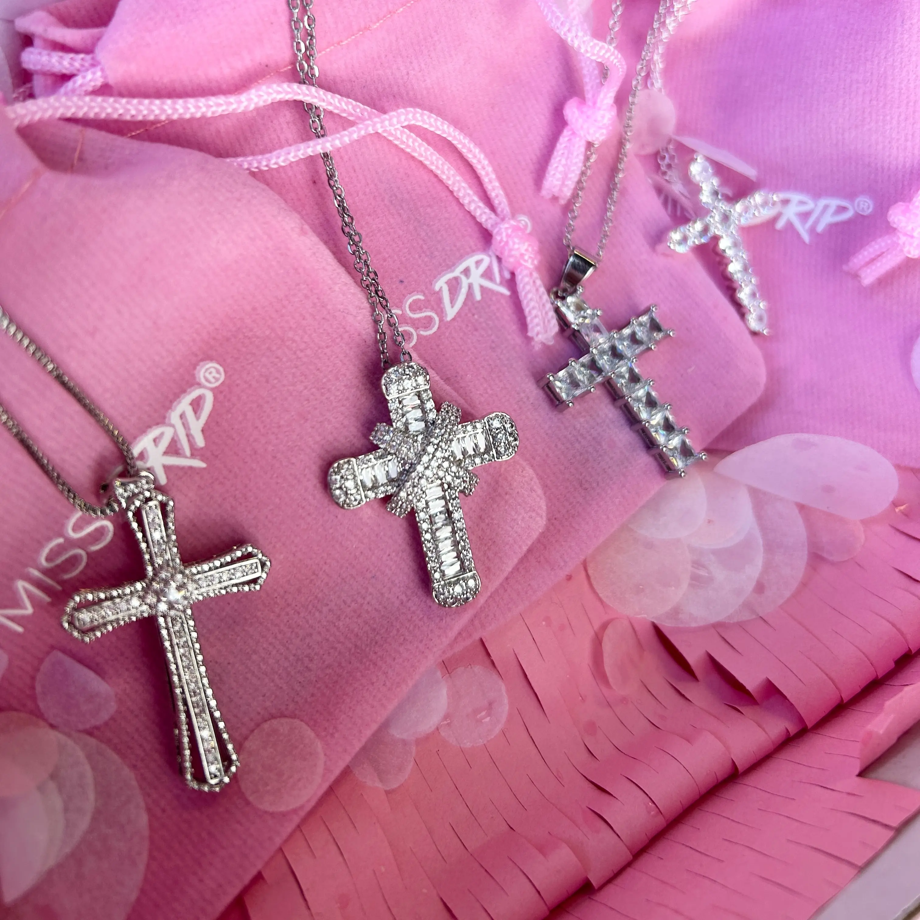 Miss Drip Silver Zirconia Cross Necklaces Pendant With Chains ( X1 CROSS NECKLACE)