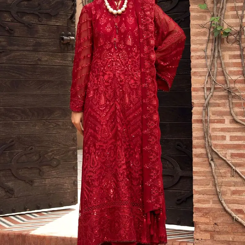 FARASHA RED CRIMSON CHIFFON SUIT PAIRED WITH CAPRI TROUSERS EMBROIDERY CHIFFON DUPATTA 2