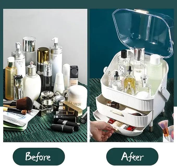 Multi-Function Make Up Case Waterproof Dustproof Cosmetic Storage Box with Transparent cover, Organizer Skin Care Products Jewelry Organizer, Finishing Box for Bedroom Bathroom Desktop, Easy to Carry In Hand, Valuable gift for mother, wife and girlfriend. 4