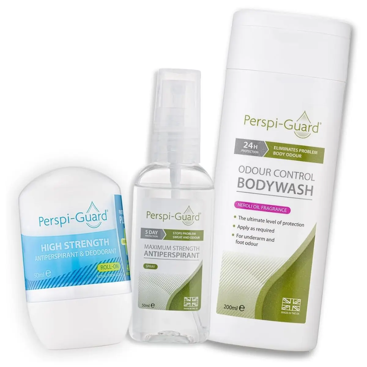 Perspi-Guard 3-Step Anti Sweat Deodorant Bundle - Odour Control Body Wash (200ml), 48-hour Roll On Strong Deodorant for Excessive Sweating & Max Strength Antiperspirant Spray (50ml) Daily Neroli