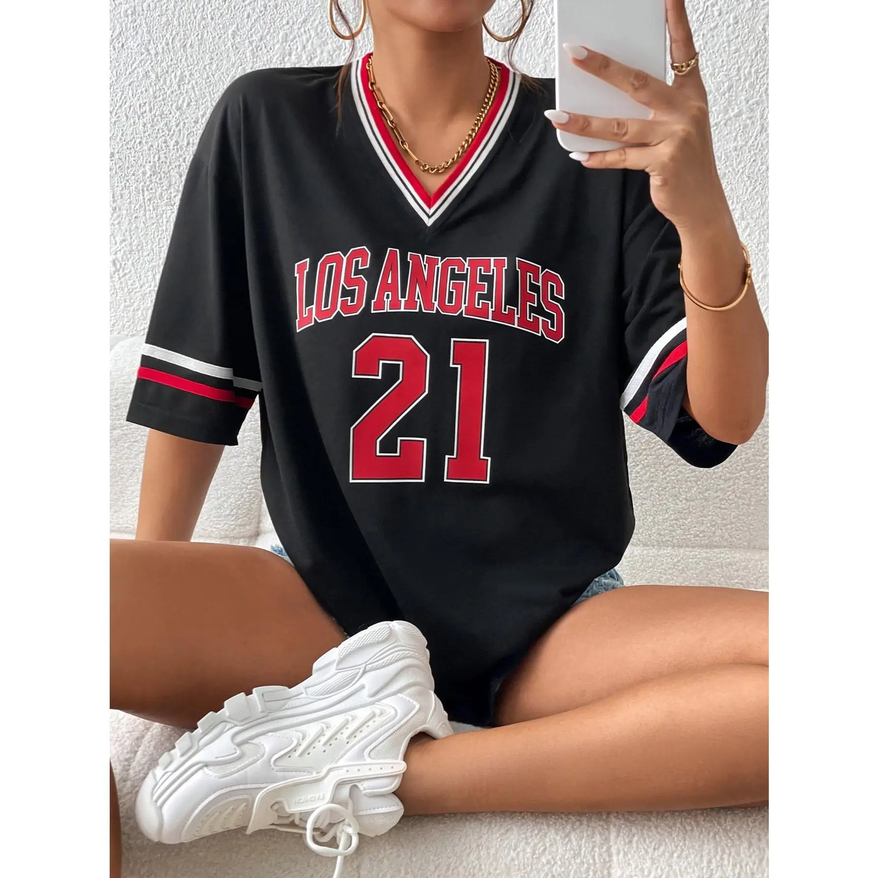 INAWLY Letter Graphic Striped Trim Drop Shoulder Tee Graphic Tees Women Tops Fabric Fit Sleeve Womenswear Polyester Casual Comfort Streetwear Summer Tshirt